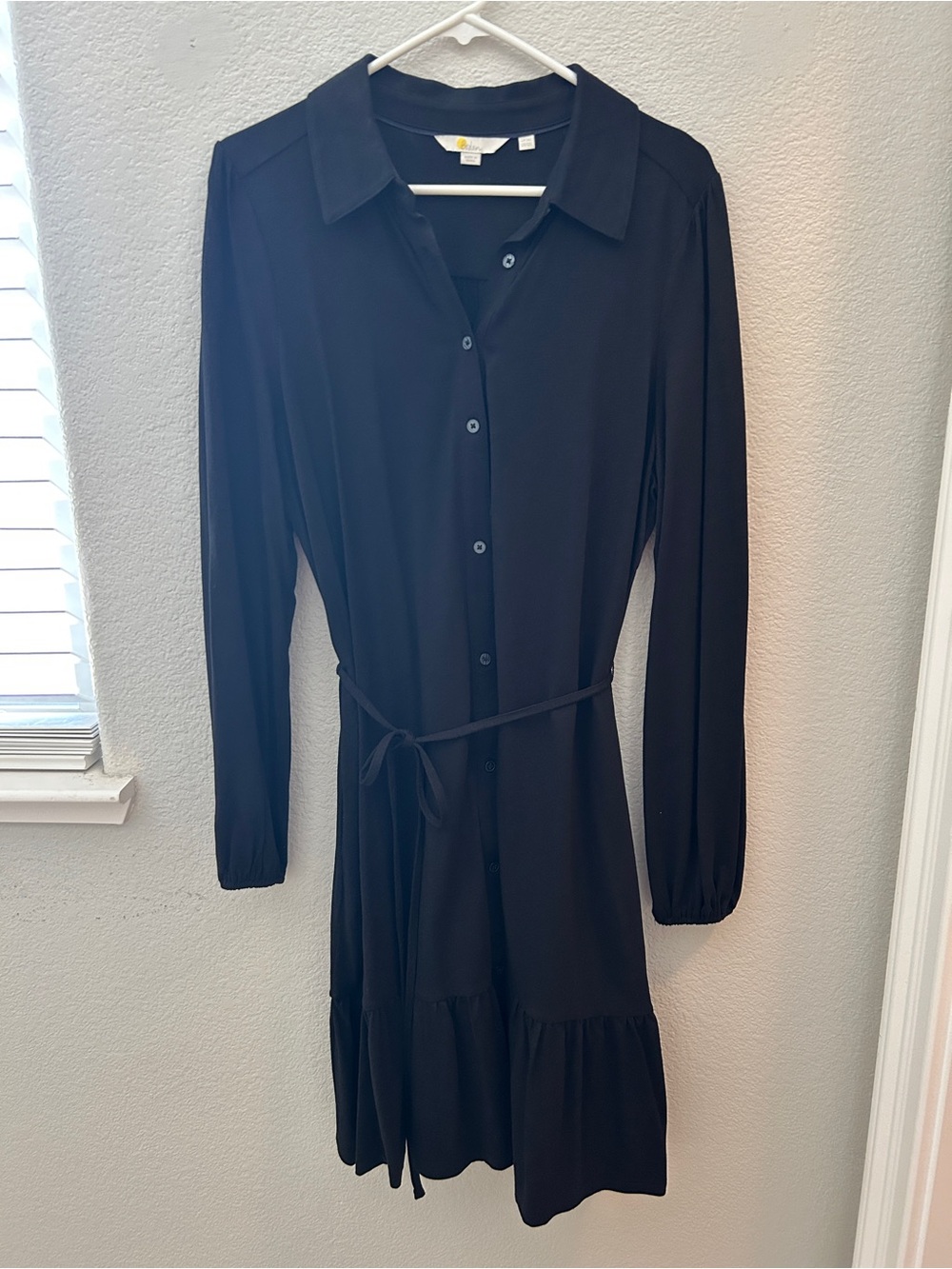 Boden Black Long-Sleeve Shirt Dress with Waist Tie